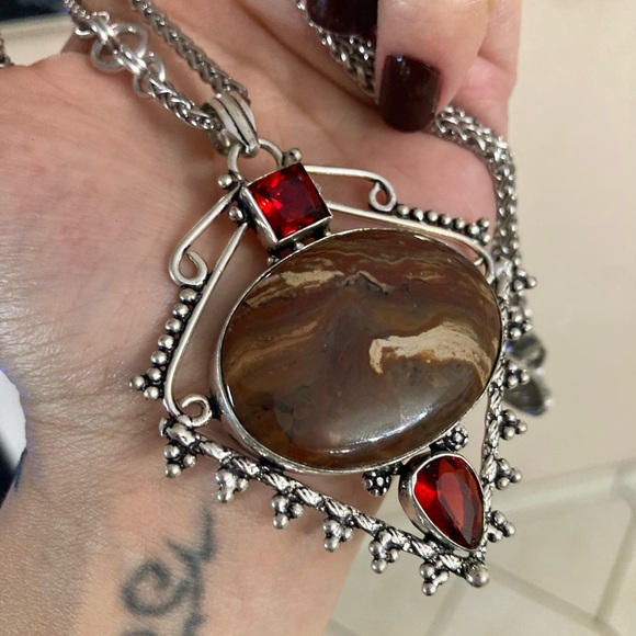 925 sterling silver overlay genuine red jasper stone boho steel chain necklace - Picture 8 of 13